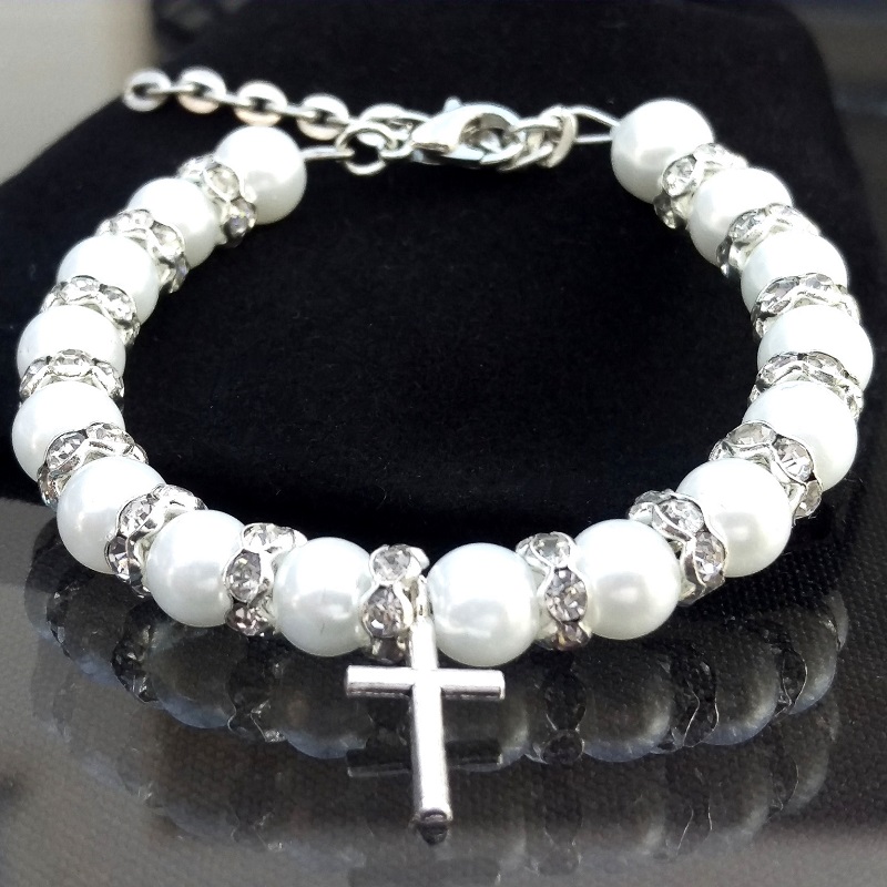 Baby Girls White Pearl & Crystal Christening Bracelet with
